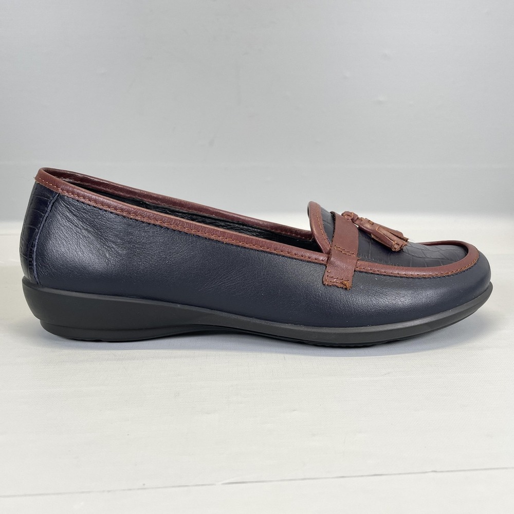 Hotter Alice Shoes Womens Size 8 Navy Brown Leather Casual Comfort Tassel Loafer